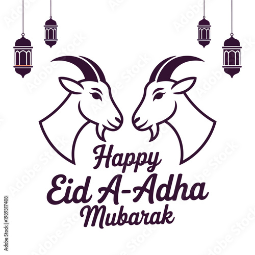 Goats face each other in a flat vector design commemorating the traditional Eid Al-Adha festival.