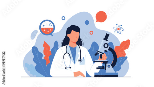 Female doctor or researcher working in a laboratory with a professional microscope and scientific chemical symbols.