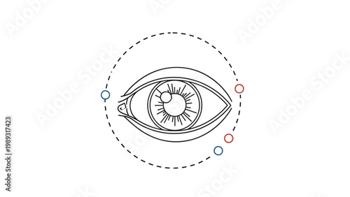 Detailed line drawing of a human eye with anatomical details and orbital paths around it for medical observation.