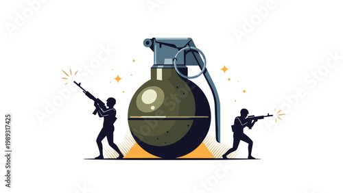 Dramatic illustration of a large military grenade flanked by silhouettes of soldiers with rifles in active combat.