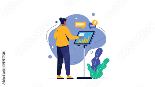 Business analyst professional analyzing a growing bar chart on a large interactive digital touch screen display.