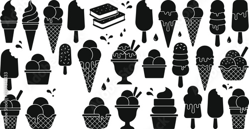 Ice cream silhouettes, frozen dessert icons, popsicle vector, sundae illustration, waffle cone design, sweet treat graphics, summer food art, black symbols