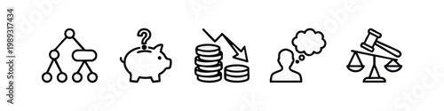 Business and finance icons: organizational chart, piggy bank, falling coins, confused person, scales of justice (outline)