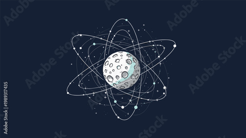Stylized cratered moon surrounded by multiple orbital paths and glowing stars against a dark space background.
