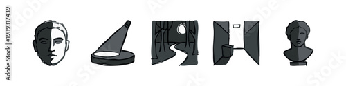 Art and abstract icons: portrait, spotlight, forest path, geometric shapes, bust (colored)