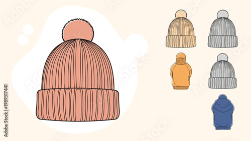 Winter beanies collection featuring a large pink knit hat with a pom-pom and several smaller color variations.