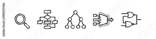 Logic and data icons: magnifying glass, flowchart, tree diagram, data input, logic gates