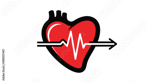Human heart illustration with an ecg pulse line and an arrow passing through it symbolizing life and cardiac health.
