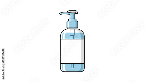 Plastic pump bottle with a clear label filled with light blue liquid soap or antibacterial hand sanitizer gel.