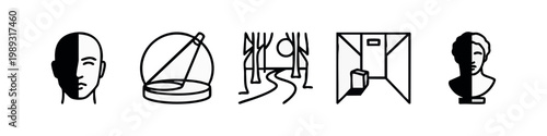 Art and abstract icons: profile, spotlight, forest path, architectural space, bust (outline)