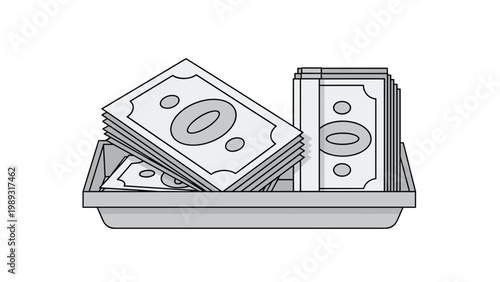 Cash tray filled with several stacks of paper banknotes in a grayscale simple illustration style for financial use.