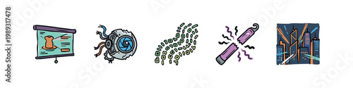 Technology and future icons: projector, robotic eye, data stream, broken device, cityscape