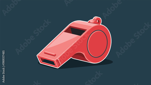 Red plastic sports whistle with a small metal ring for a lanyard isolated on a dark blue background for coaching.