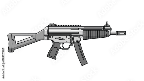 Detailed side view illustration of a modern grey submachine gun with a tactical stock and ammunition magazine.