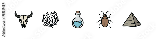 Desert and Egyptian Themed Hand Drawn Icons Set with Cow Skull Pyramid and Scarab