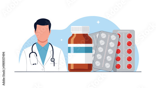 Medical professional standing next to a large bottle of pills and blister packs representing pharmacy services.