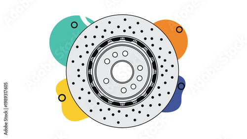 Automotive brake disc component used in car ventilation and braking systems displayed on a colorful background with abstract shapes.