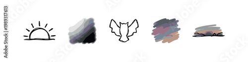 Time Transition and Night Sky Doodle Icons Set with Rising Sun and Owl