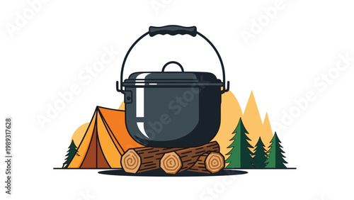 Black cooking pot hanging over a campfire with wooden logs in front of a tent and pine trees in a mountain camping scene.
