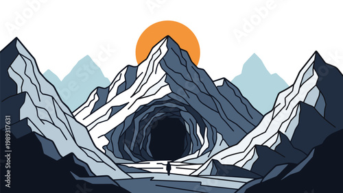 Dramatic landscape of a silhouette walking towards a dark cave entrance in a snowy mountain range under a bright orange sun or moon.