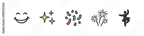 Minimal Celebration and Happiness Icons Set with Smile Confetti and Dancing Person