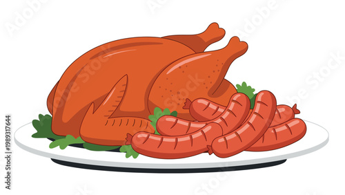 Large roasted whole turkey served on a platter with a side of grilled sausages and green herbs for a festive dinner or holiday meal.