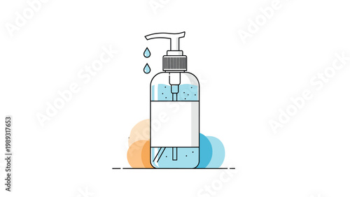 Transparent pump bottle of blue liquid hand sanitizer with droplets on the side for hygiene, disinfection, and health protection.