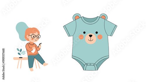 Young woman with glasses looking at a cute blue baby onesie with a bear face print and ears while sitting in a nursery room.