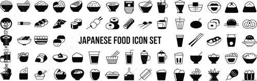 Japanese food icon set, sushi, ramen, rice bowl, chopsticks, beverage, dessert, minimalist design, black and white illustration, culinary culture