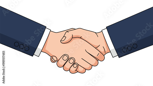 Close up of a firm handshake between two professionals in dark suits signifying a business agreement, partnership, and trust.