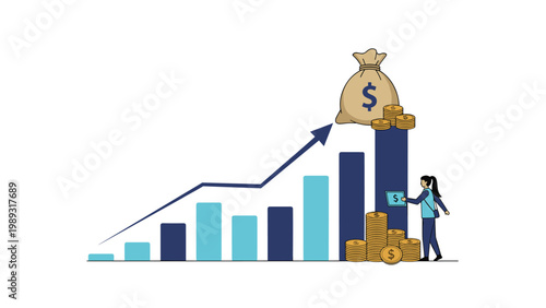 Financial growth chart showing a rising arrow and bars with a woman collecting coins and a money bag representing investment success.