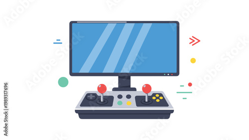 Retro arcade game console with a blue screen, dual joysticks, and colorful buttons for classic video game entertainment and gaming.