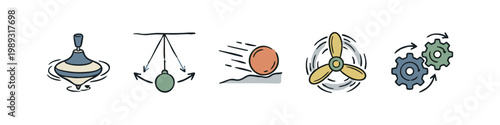 Icons depicting physics concepts: spinning top, pendulum, rolling object, propeller, gears
