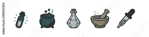 Colorful Alchemy and Magic Potion Icons Set with Cauldron Mortar and Scientific Glassware