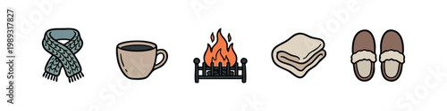 Set of Cozy Lifestyle Icons Featuring Warm Knit Scarf Coffee Mug and Home Fireplace