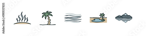 Collection of Nature and Landscape Icons with Palm Tree Oasis Wind and Mountains