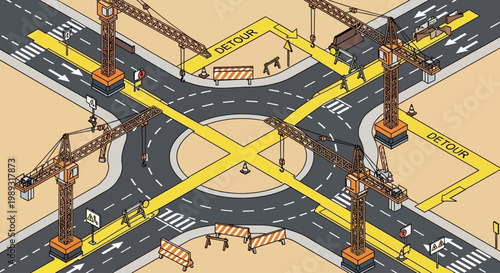 Isometric view of a busy road intersection undergoing major construction with cranes and detour signs.
