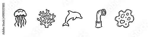 Hand Drawn Sketchy Marine Life and Science Icons Including Jellyfish Coral and Dolphin