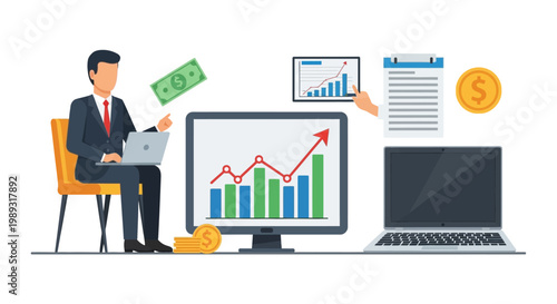 A businessman analyzing financial growth charts on a laptop and computer screen, surrounded by money and business-related icons.