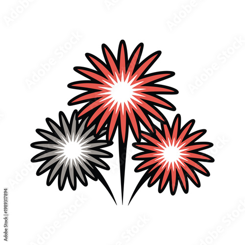 Fireworks display bright bursts of light in a festive pattern against a clean white background.