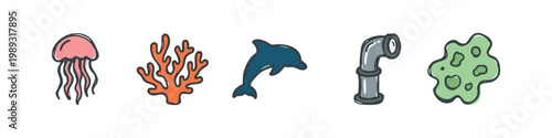 Colorful Marine and Science Icons Collection Featuring Jellyfish Coral Reef and Dolphin