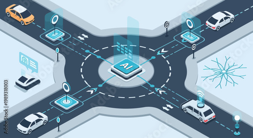 Intelligent AI-powered traffic management system optimizing vehicle flow at a busy roundabout intersection with autonomous cars and smart infrastructure.