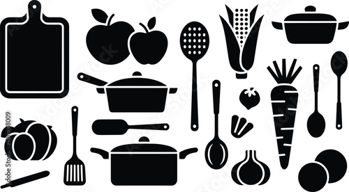 Kitchen silhouettes, cooking utensil icons, food vector illustration, vegetable design, fruit graphic art, culinary tools set, black nutrition symbols