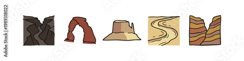 Hand-drawn geological formations and landscape icons