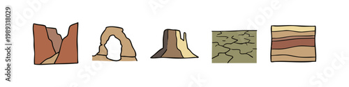 Stylized geological formations and landscape icons