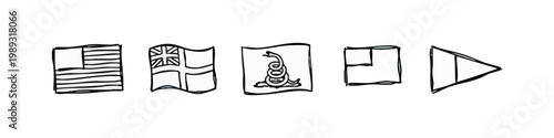 Hand-drawn icons of flags, a snake symbol, a square divided into two, and a play button