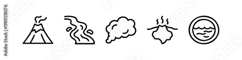 Line art icons of elements: volcano, river, smoke cloud, lava, and water