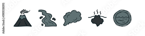 Drawn icons representing elements in gray and blue: volcano, river, smoke, lava, water
