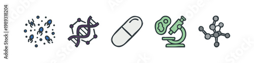 Colorful science and medical icons: bacteria, dna, pill, microscope, molecule