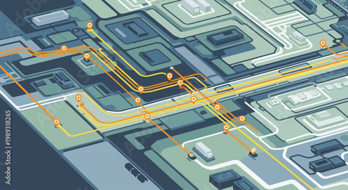 Abstract digital illustration of a complex electronic circuit board with glowing orange data pathways and miniature vehicles.